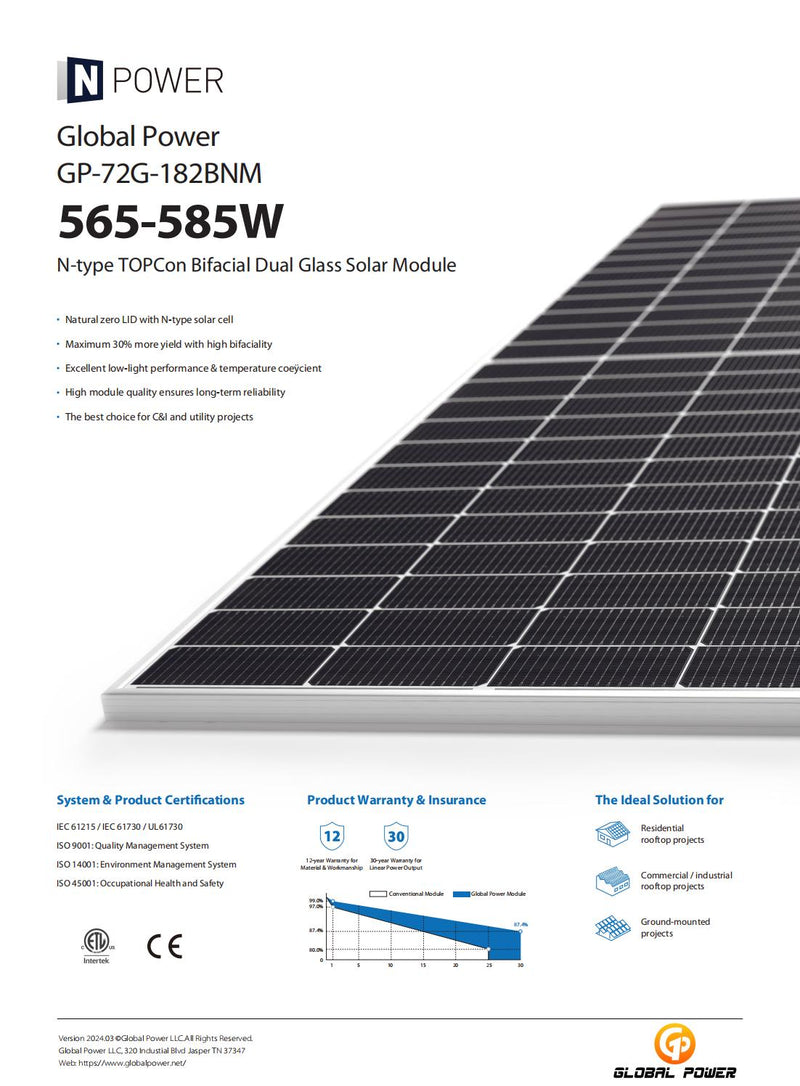 GP-72G-182BNM 565-585W N-type TOPCon Bifacial Dual Glass Solar Module