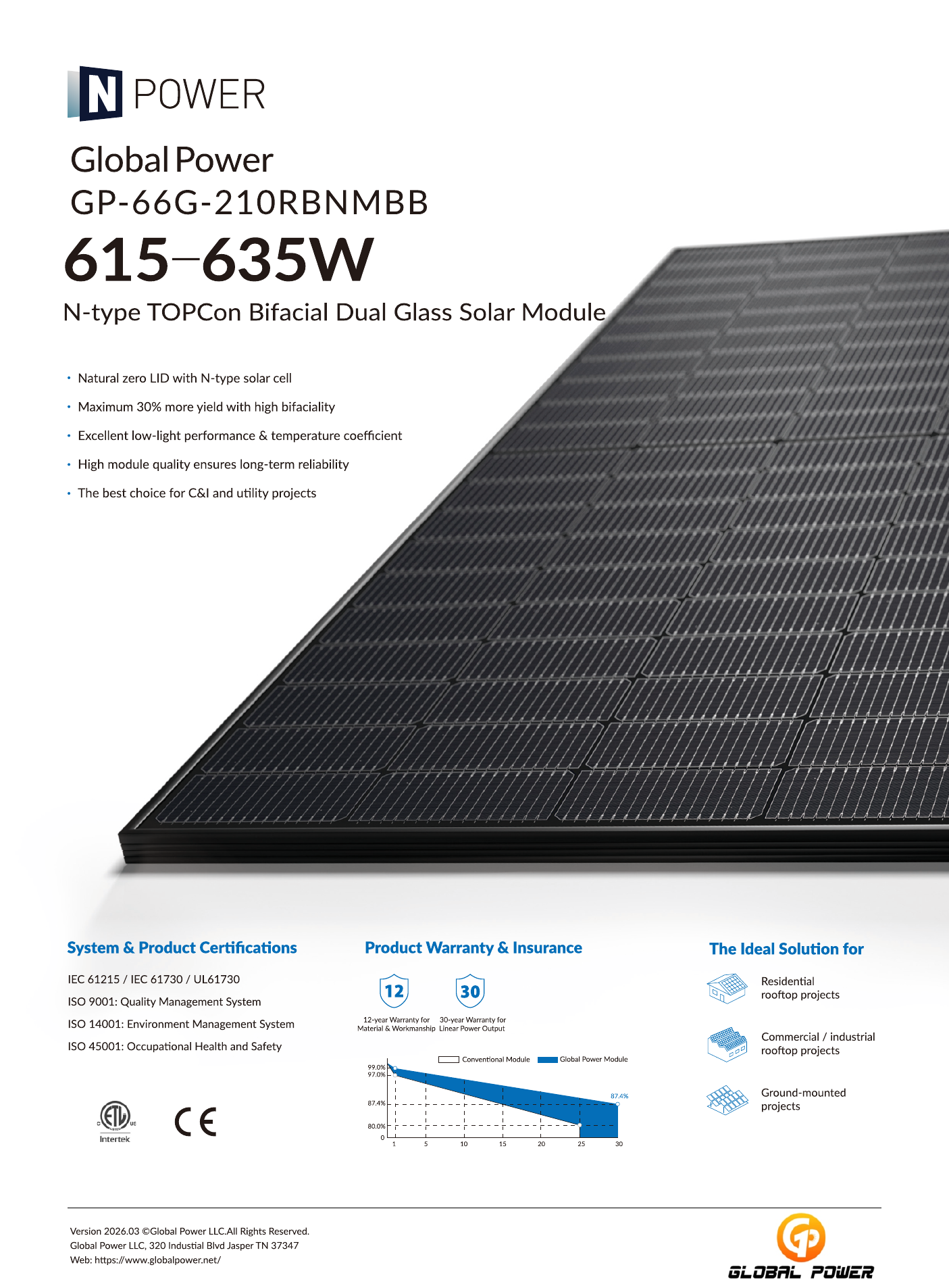 GP-66G-210BNM 615-635W N-Power Solar Panel spec sheet