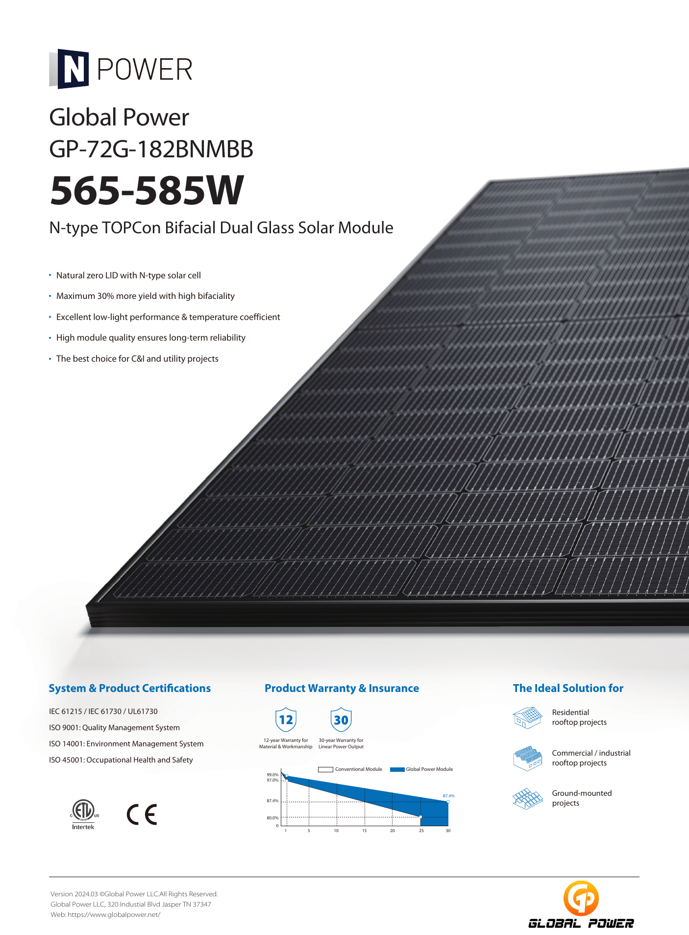 GP-72G-182BNM 565-585W N-Power Solar Panel spec sheet