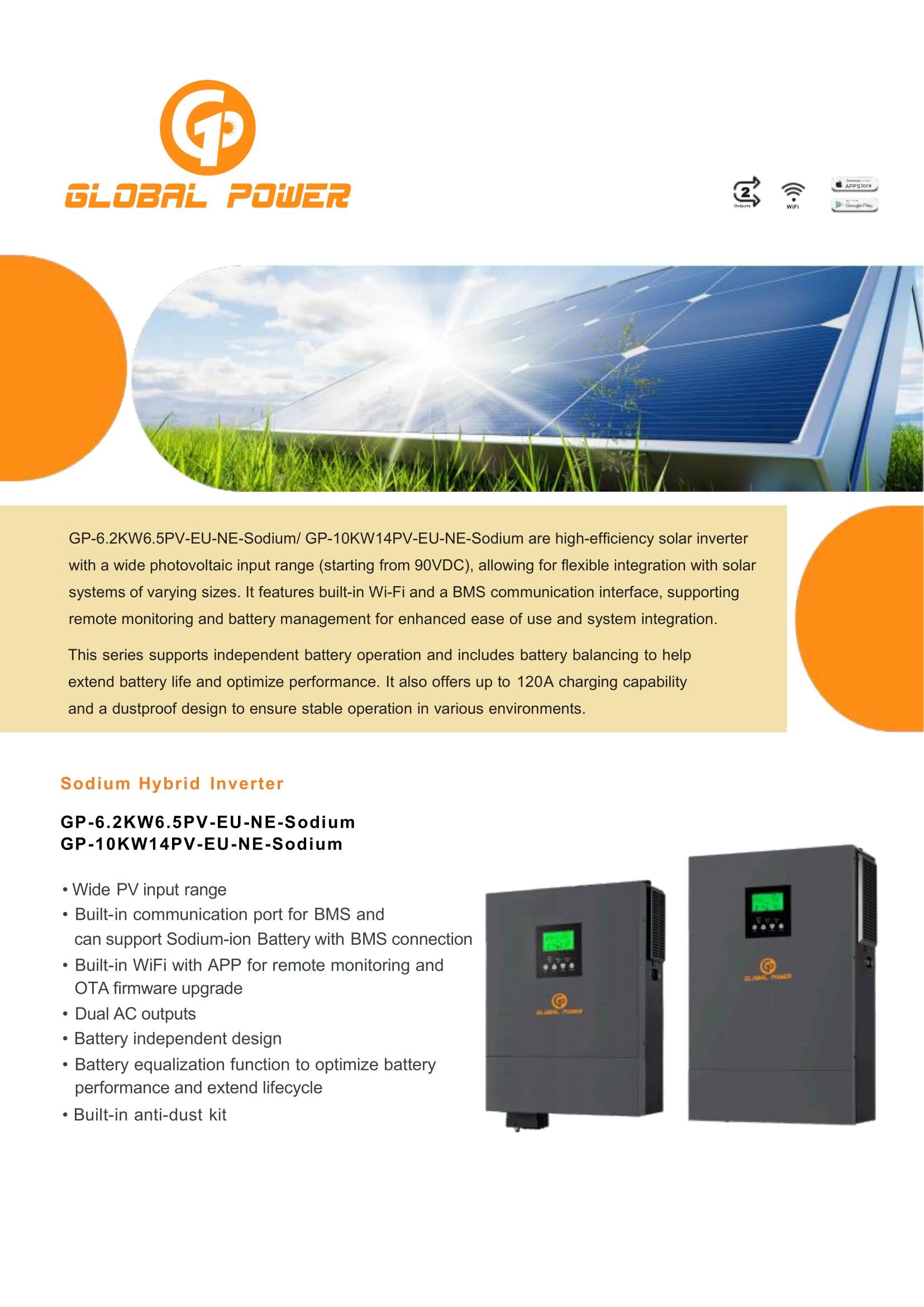 Global Power 6.2kW/6.5kPV Sodium Hybrid Inverter (EU) — spec sheet